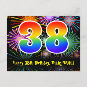 38th Birthday – Fun Fireworks Pattern + Rainbow 38 Postcard