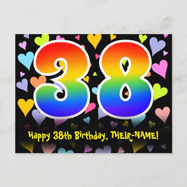 38th Birthday: Fun Hearts Pattern, Rainbow 38 Postcard (Front)