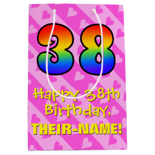38th Birthday: Fun Pink Hearts Stripes; Rainbow 38 Medium Gift Bag