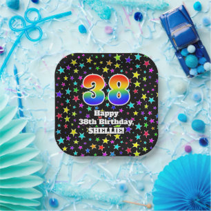 38th Birthday: Fun Stars Pattern and Rainbow “38 Paper Plate