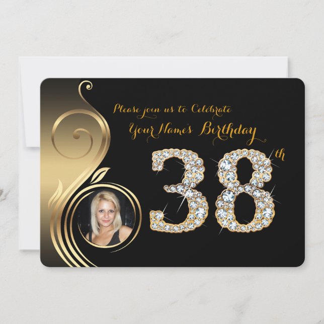 38th,Birthday Invitation,Number Diamond,Photo 2 Invitation (Front)