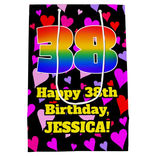 38th Birthday: Loving Hearts Pattern, Rainbow # 38 Medium Gift Bag (Back)