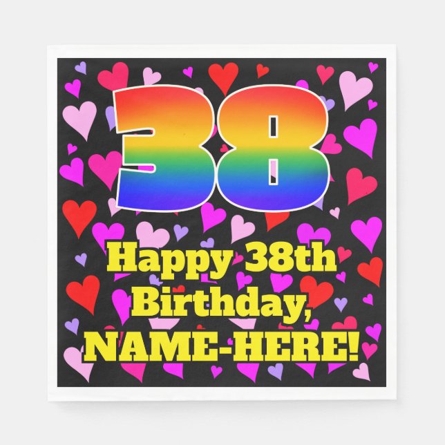 38th Birthday: Loving Hearts Pattern, Rainbow # 38 Napkin (Front)