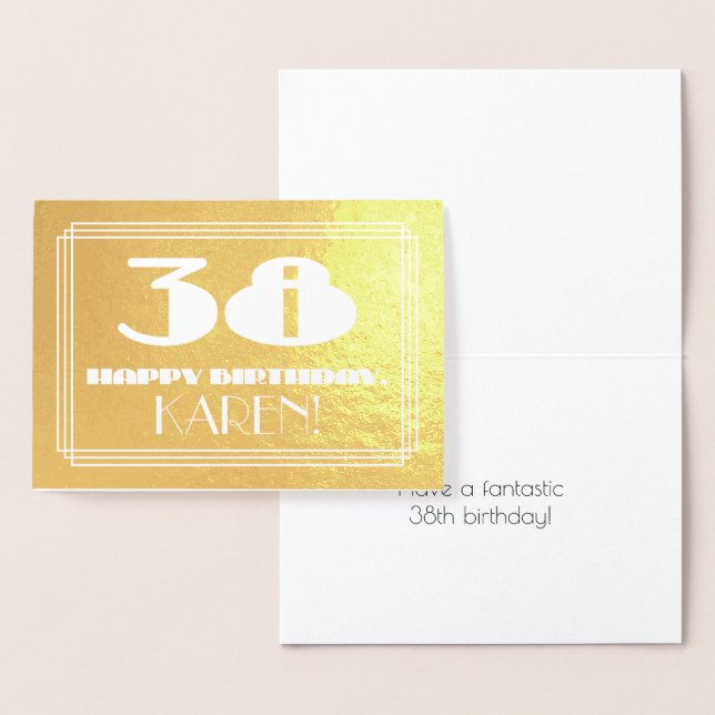 38th Birthday: Name + Art Deco Inspired Look "38" Foil Card (Display)