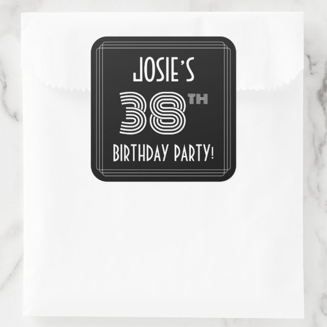 38th Birthday Party: Art Deco Style & Custom Name Square Sticker (Bag)