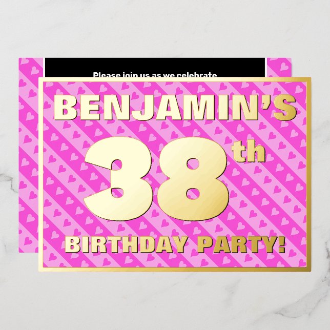 38th Birthday Party — Fun Pink Hearts and Stripes (Front/Back)