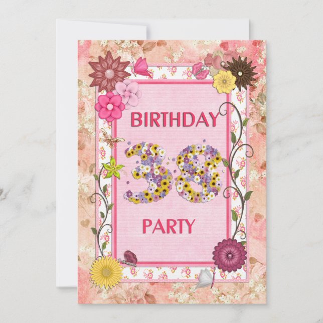 38th birthday party invitation with floral frame (Front)