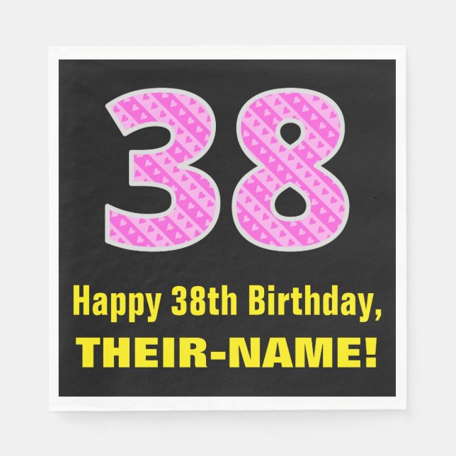 38th Birthday: Pink Stripes and Hearts "38" + Name Napkin (Front)