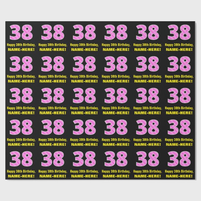 38th Birthday: Pink Stripes and Hearts "38" + Name Wrapping Paper (Flat)