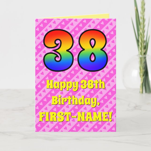 38th Birthday: Pink Stripes & Hearts, Rainbow # 38 Card (Front)