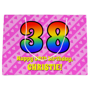 38th Birthday: Pink Stripes & Hearts, Rainbow # 38 Large Gift Bag
