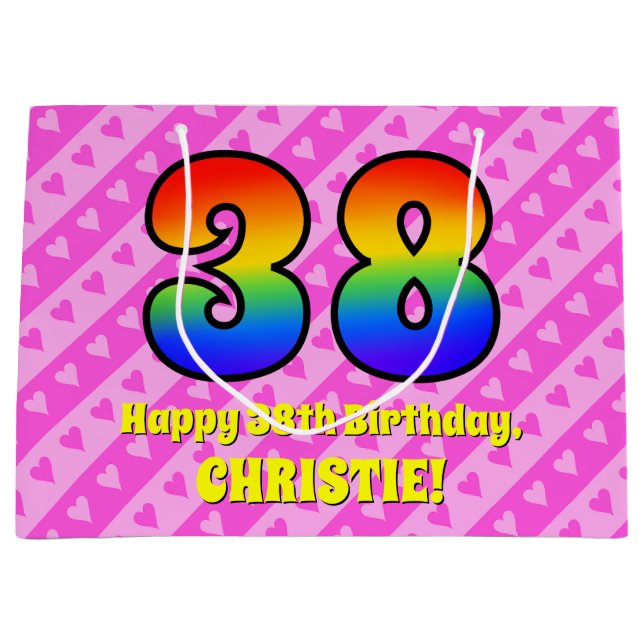 38th Birthday: Pink Stripes & Hearts, Rainbow # 38 Large Gift Bag (Front)