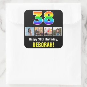38th Birthday: Rainbow “38”; Custom Photos & Name Square Sticker