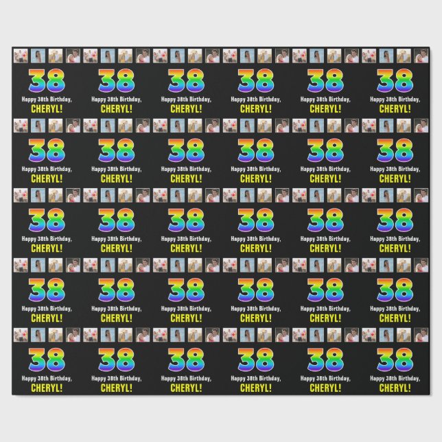38th Birthday: Rainbow “38“; Custom Photos & Name Wrapping Paper (Seam)