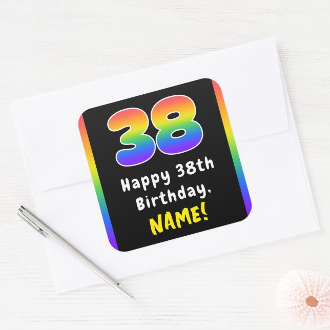 38th Birthday: Rainbow Spectrum # 38, Custom Name Square Sticker (Envelope)