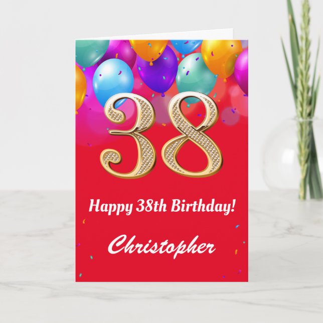 38th Birthday Red and Gold Colourful Balloons Card (Front)