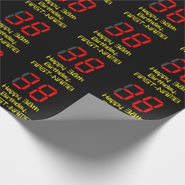 38th Birthday: Red Digital Clock Style "38" + Name Wrapping Paper (Corner)