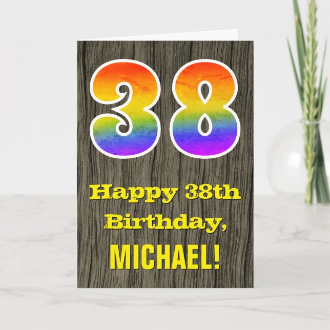 38th Birthday: Rustic Faux Wood Look, Rainbow "38" Card (Front)