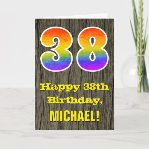 38th Birthday: Rustic Faux Wood Look, Rainbow "38" Card