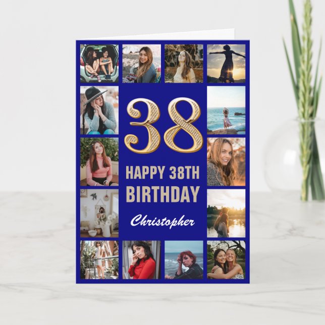 38th Happy Birthday Navy Blue & Gold Photo Collage Card (Front)