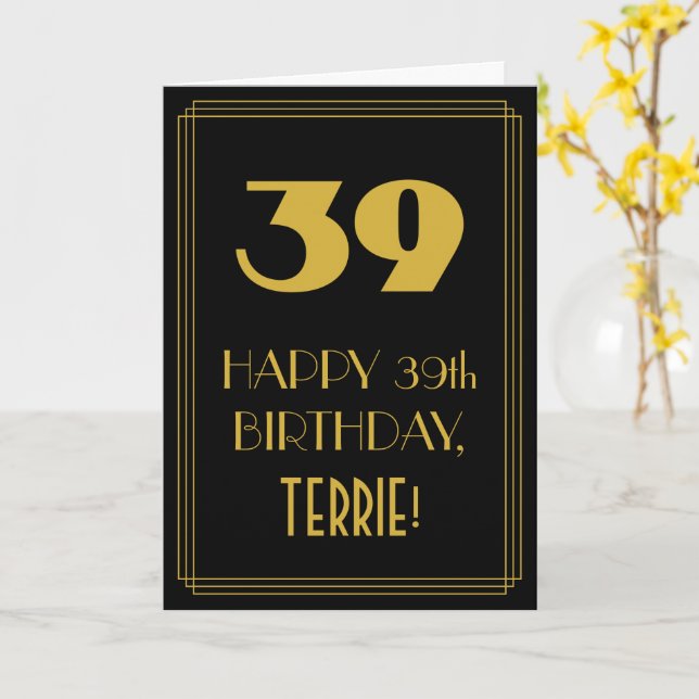 39th Birthday – Art Deco Inspired Look "39" & Name Card (Yellow Flower)