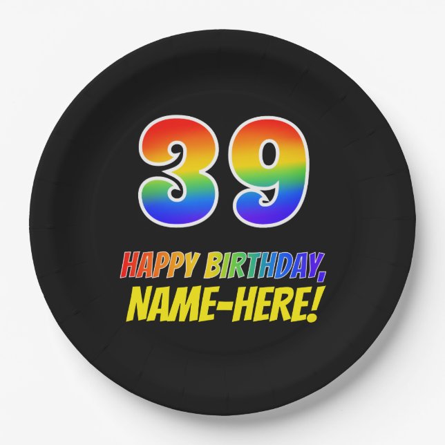 39th Birthday: Bold, Fun, Simple, Rainbow 39 Paper Plate (Front)