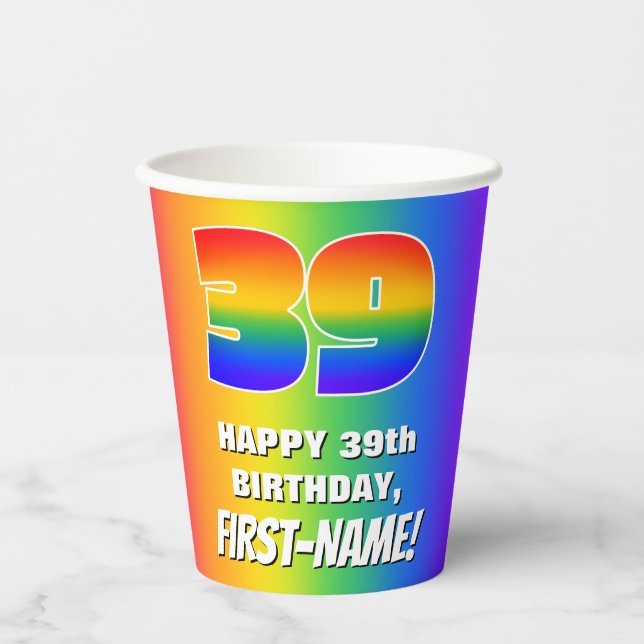 39th Birthday: Colourful, Fun Rainbow Pattern # 39 Paper Cups (Front)