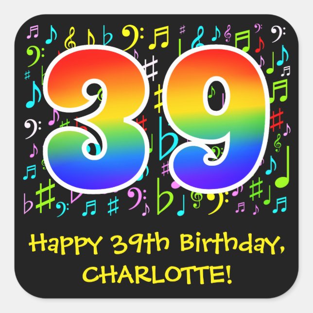 39th Birthday: Colourful Music Symbols, Rainbow 39 Square Sticker (Front)