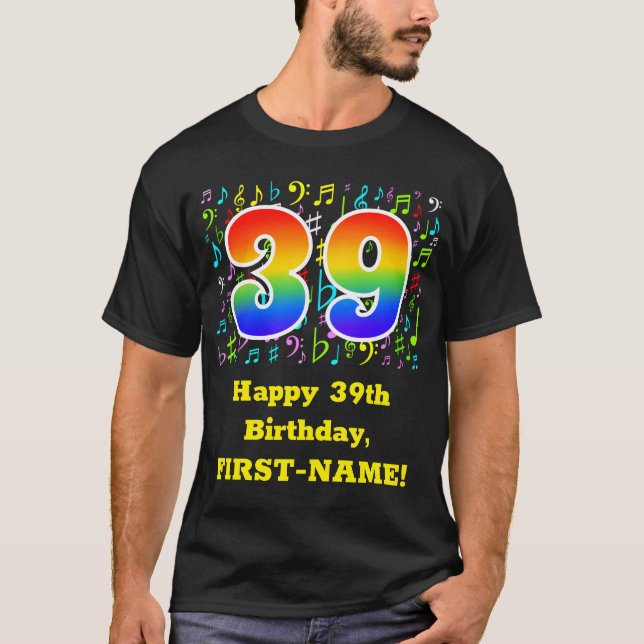 39th Birthday: Colourful Music Symbols, Rainbow 39 T-Shirt (Front)
