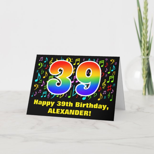 39th Birthday: Colourful Music Symbols & Rainbow 3 Card (Front)