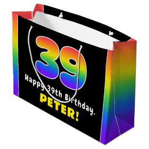 39th Birthday: Colourful Rainbow # 39, Custom Name Large Gift Bag