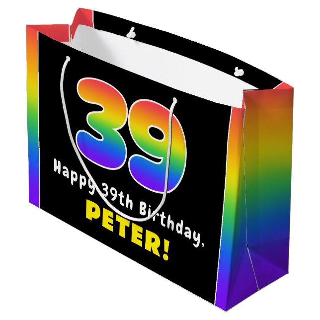39th Birthday: Colourful Rainbow # 39, Custom Name Large Gift Bag (Back Angled)