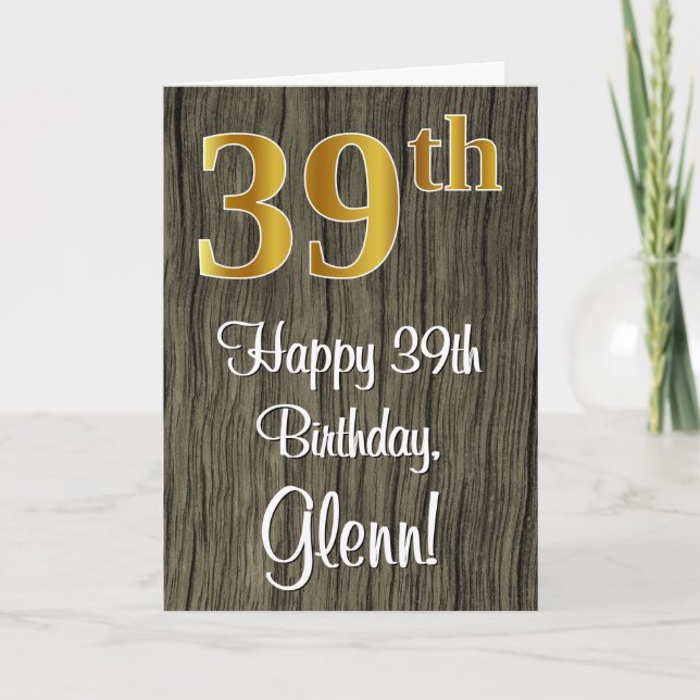 39th Birthday: Elegant Faux Gold Look #, Faux Wood Card (Front)