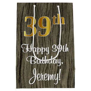39th Birthday: Elegant Faux Gold Look #, Faux Wood Medium Gift Bag