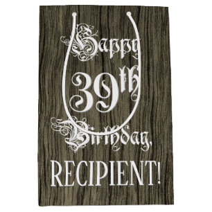 39th Birthday: Fancy, Faux Wood Look + Custom Name Medium Gift Bag