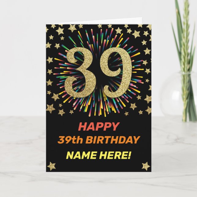 39th Birthday Fireworks Rainbow Gold Fun Card (Front)