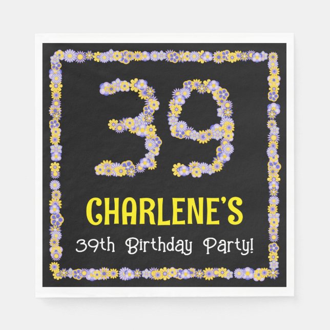 39th Birthday: Floral Flowers Number, Custom Name Napkin (Front)
