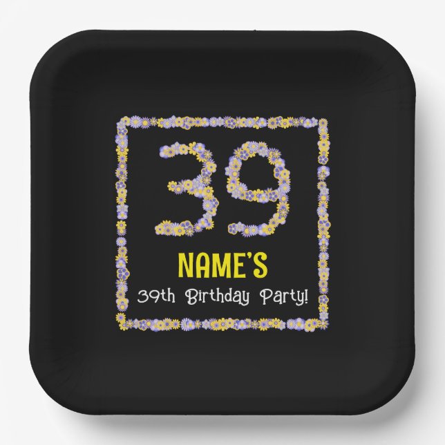 39th Birthday: Floral Flowers Number, Custom Name Paper Plate (Front)