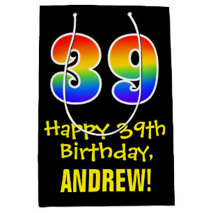 39th Birthday: Fun, Bold, Colourful, Rainbow "39" Medium Gift Bag