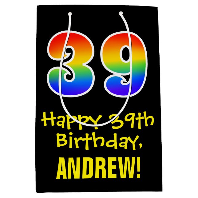 39th Birthday: Fun, Bold, Colourful, Rainbow "39" Medium Gift Bag (Front)