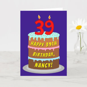 39th Birthday: Fun Cake and Candles + Custom Name Card