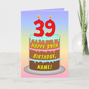 39th Birthday — Fun Cake & Candles, w/ Custom Name Card