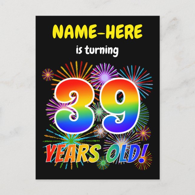 39th Birthday - Fun Fireworks, Rainbow Look "39" Postcard (Front)