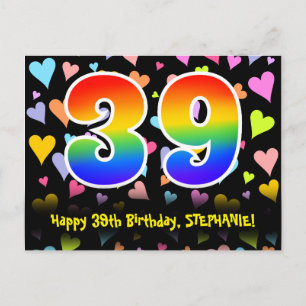 39th Birthday: Fun Hearts Pattern, Rainbow 39 Postcard