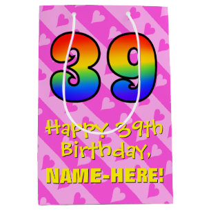 39th Birthday: Fun Pink Hearts Stripes; Rainbow 39 Medium Gift Bag