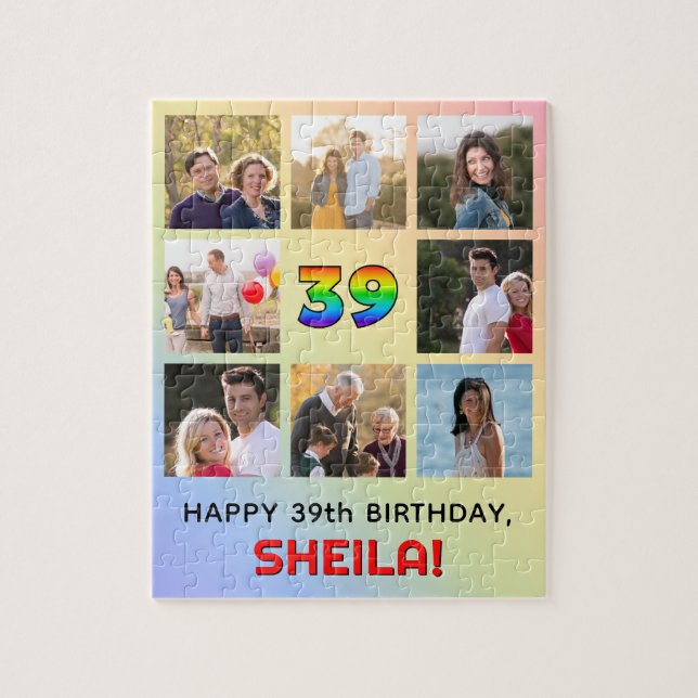 39th Birthday: Fun Rainbow #, Custom Name & Photos Jigsaw Puzzle (Vertical)