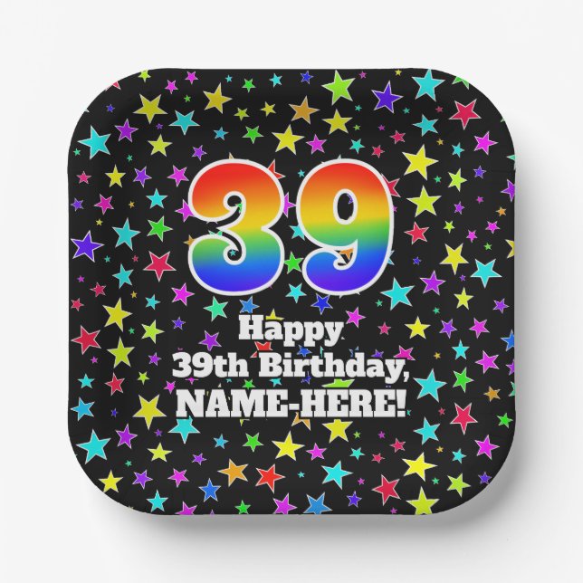 39th Birthday: Fun Stars Pattern and Rainbow “39” Paper Plate (Front)