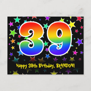 39th Birthday: Fun Stars Pattern, Rainbow 39, Name Postcard