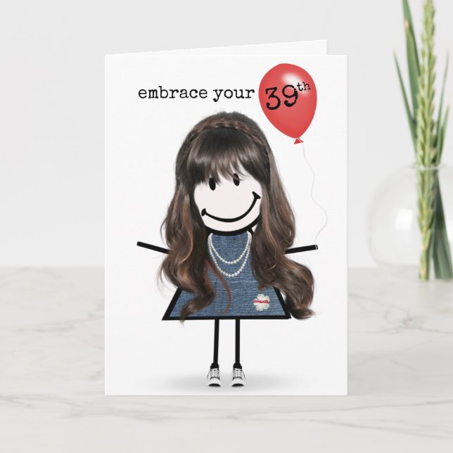 39th Birthday Girl with Red Balloon  Card (Front)