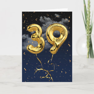 39th Birthday Gold Mylar Balloon and Confetti Card